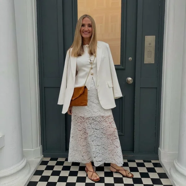 Column Lace Maxi Skirt with Knit Vest and Blazer