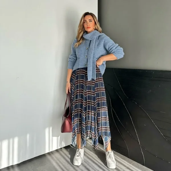 Blue Cardigan and Plaid Handkerchief Skirt