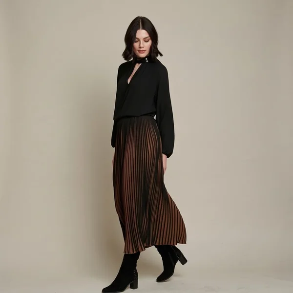 Two-Tone Pleated Midi & Keyhole Blouse