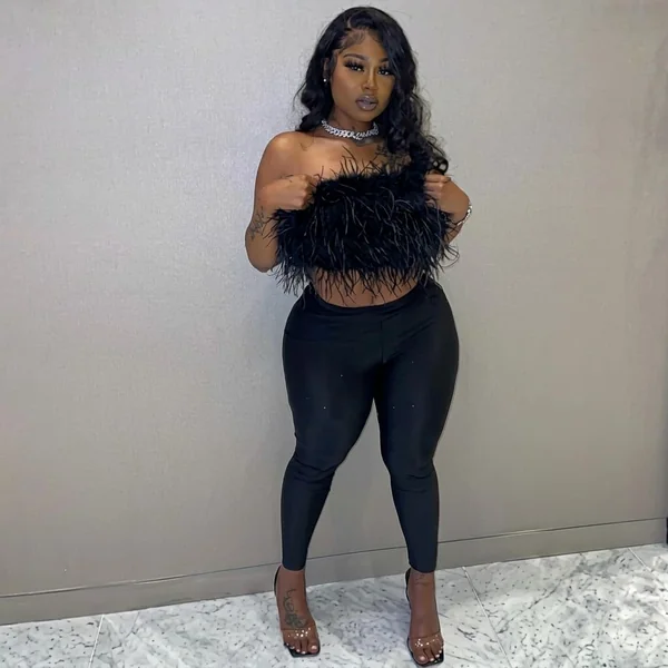 Feathered Black Tube Top and Leggings