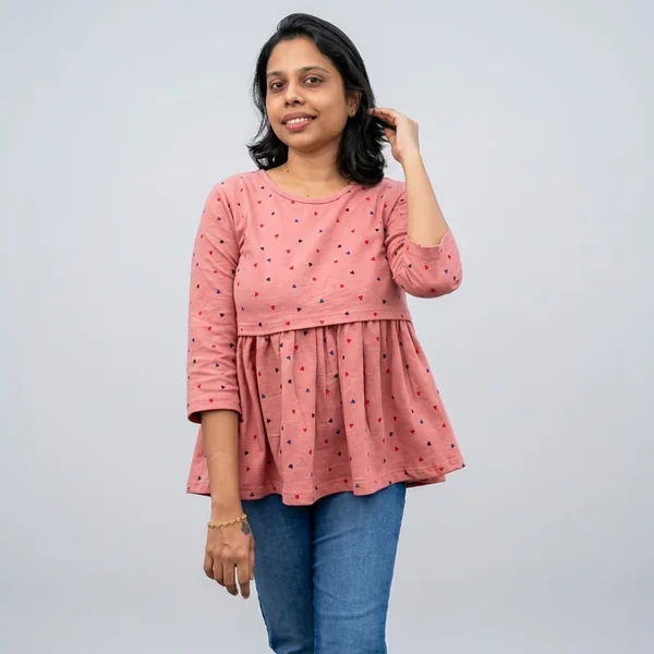 Mauve Heart-Print Peplum and Slim-Fit Jeans
