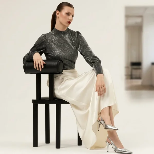 Metallic Blouse and White Satin Skirt