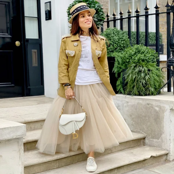 Utility Jacket and Beige Tulle Skirt Styling