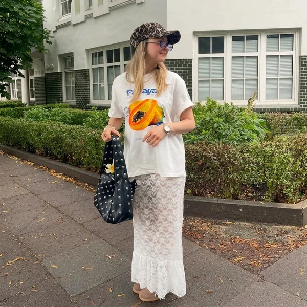 Trumpet Lace Maxi Skirt with Papaya Graphic Tee