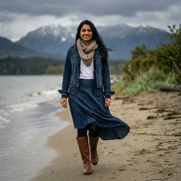 Pleated Indigo Denim Midi with Shacket and Leather Boots