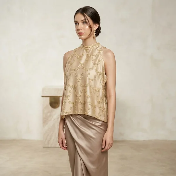 Embroidered Organza Halter with Silk Wrap Skirt