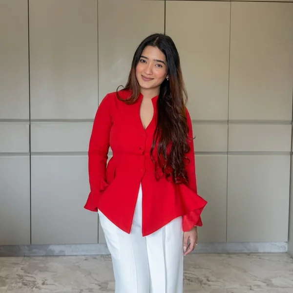 Tailored Red Peplum Blazer Top with White Trousers