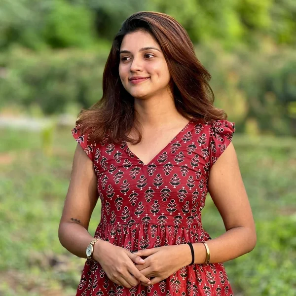 Maroon Block-Print Peplum and Light-Wash Jeans