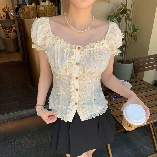 Cream Eyelet Lace Milkmaid Top with Pleated Skirt