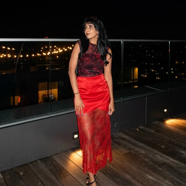 Floral Mesh Tank with Sheer Red Maxi Skirt