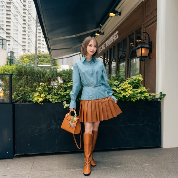 Pleated Leather Brown Mini Skirt and Belted Shirt