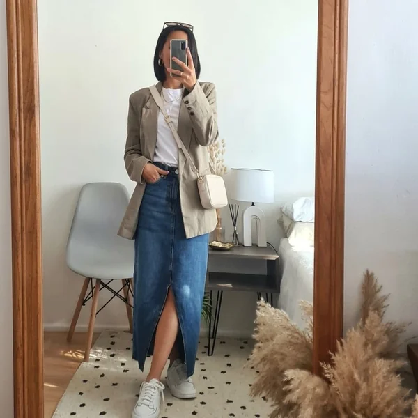 Denim Front-Slit Maxi Skirt and Oversized Blazer