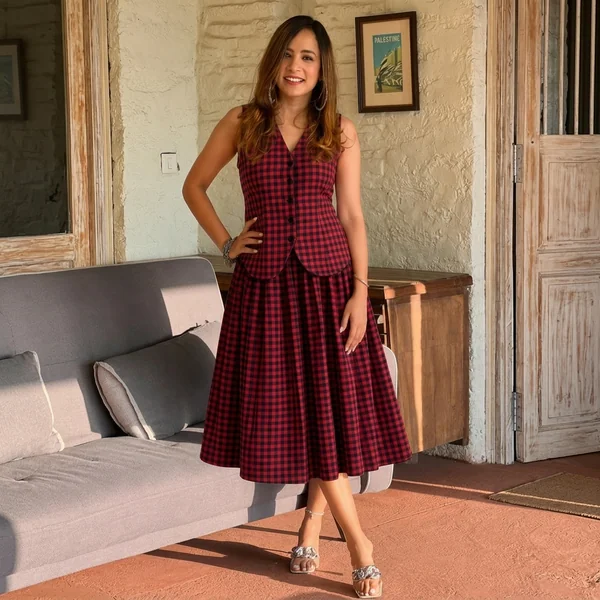 Red Gingham Vest and Pleated Midi Skirt