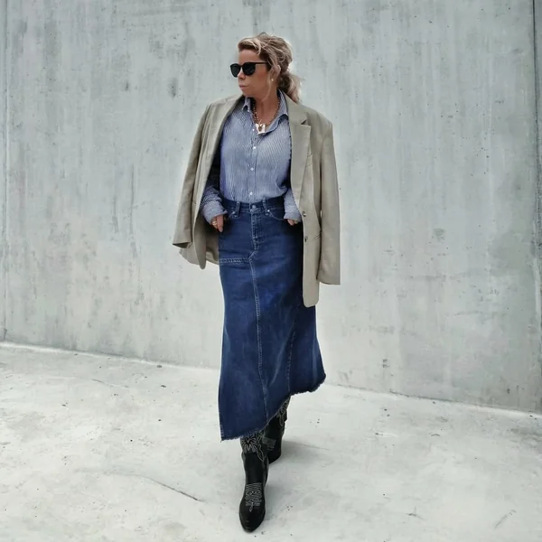 Dark-Wash Denim Maxi Skirt with Oversized Blazer