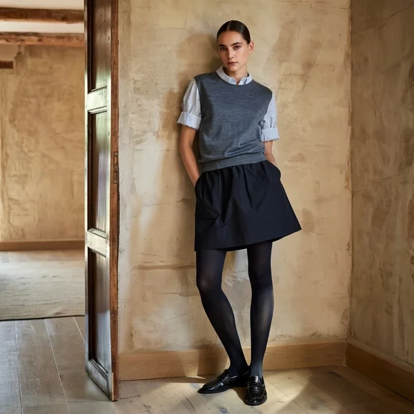 Grey Vest and Tailored Mini Skirt