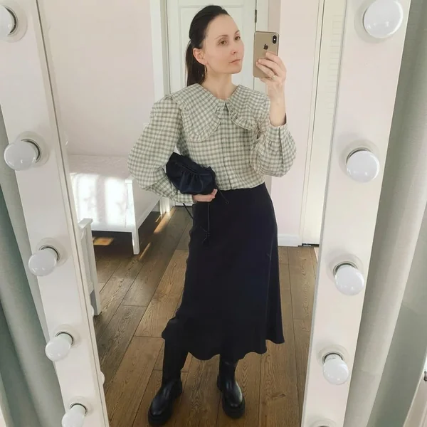 Black Satin Midi and Gingham Blouse