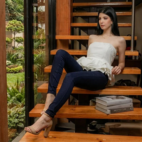 White Ruffled Peplum Tube Top and Indigo Jeans