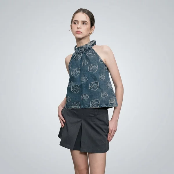 Laser-Cut Denim Halter with Pleated Skort
