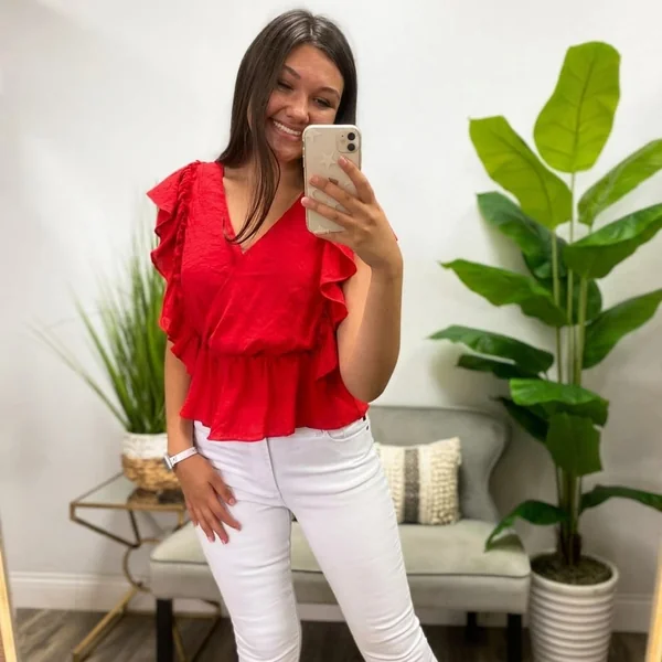 V-Neck Ruffled Red Peplum Top with White Skinny Jeans