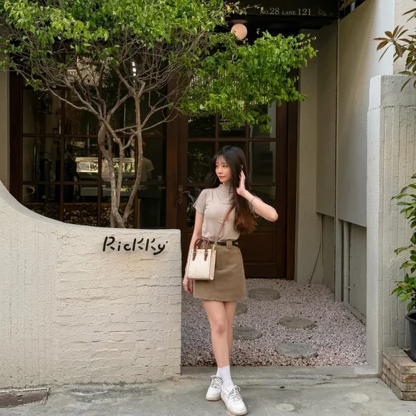 Corduroy Brown Mini Skirt and Mock-Neck Tee