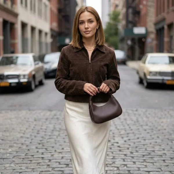 Suede Jacket and Lace-Trim Satin Skirt