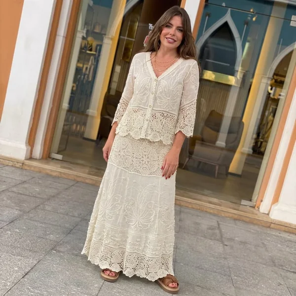 Embroidered Lace Maxi Skirt and Button-Down Cardigan Set
