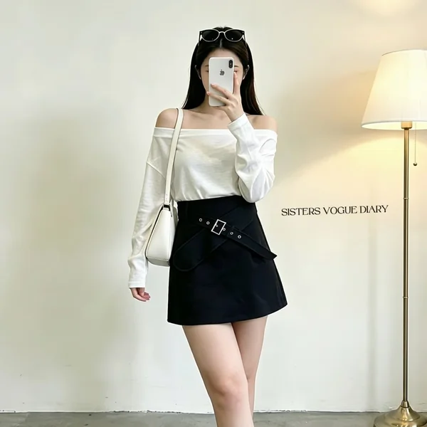 Off-the-Shoulder Top and Belted Mini Skirt