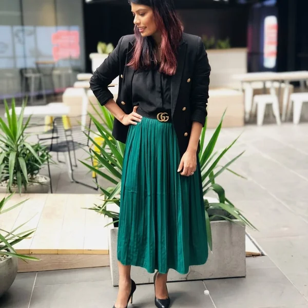 Pleated Jewel-Tone Maxi & Tailored Blazer