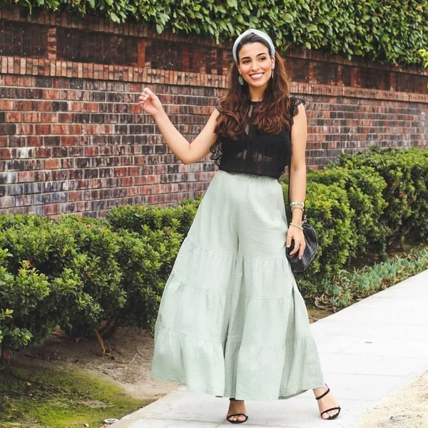 Black Sleeveless Lace Top with Tiered Wide-Leg Pants