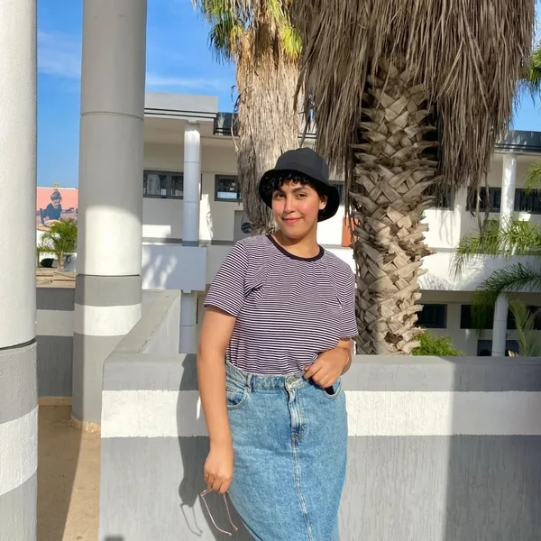 High-Waisted Midi Denim Skirt with Striped Tee