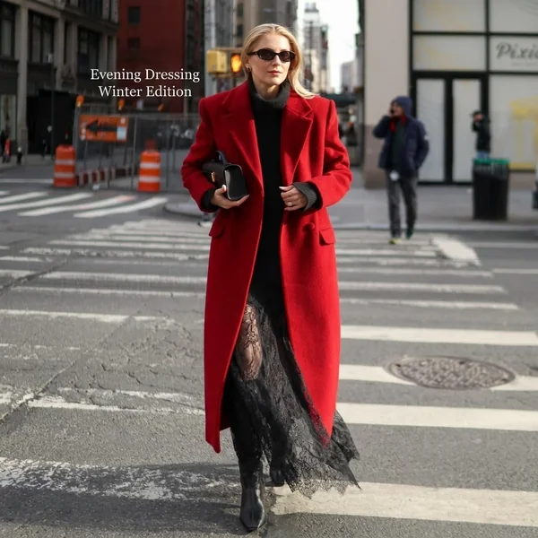 Black Lace Maxi Skirt and Red Wool Coat