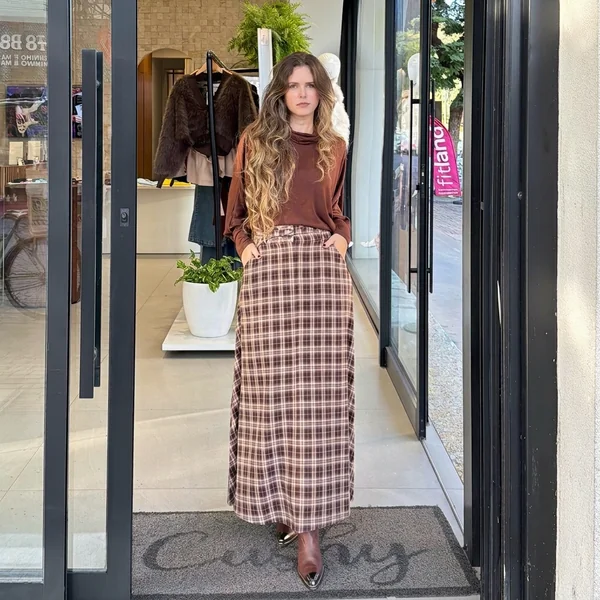 Brown Plaid Straight Maxi Skirt