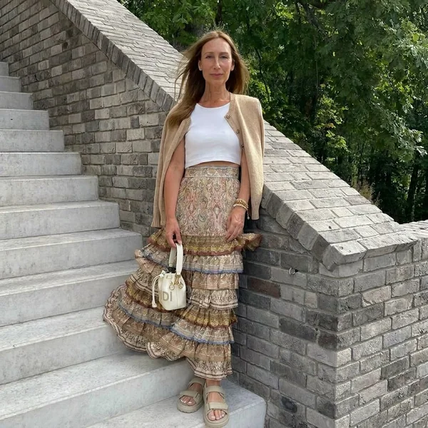 Tiered Paisley Maxi Skirt with Neutral Layers
