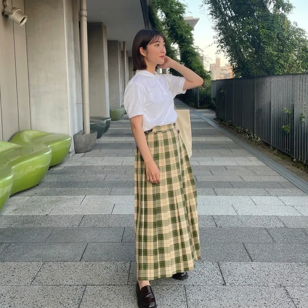 Green Plaid Pleated Maxi Skirt