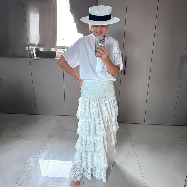 Tiered Lace Maxi Skirt with Crisp Poplin Blouse