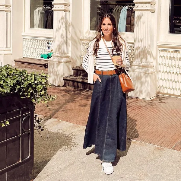 Dark-Wash A-Line Denim Maxi and Striped Knitwear