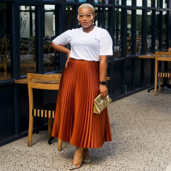 Burnt Orange Pleated Midi Skirt Style