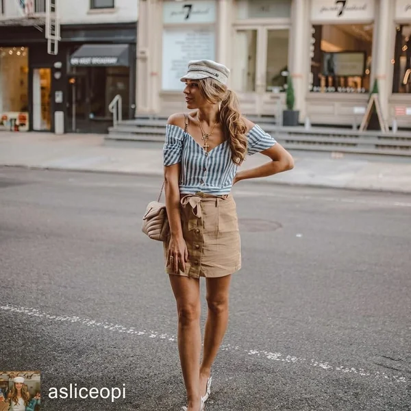 Off-Shoulder Striped Top and Button-Front Mini Skirt