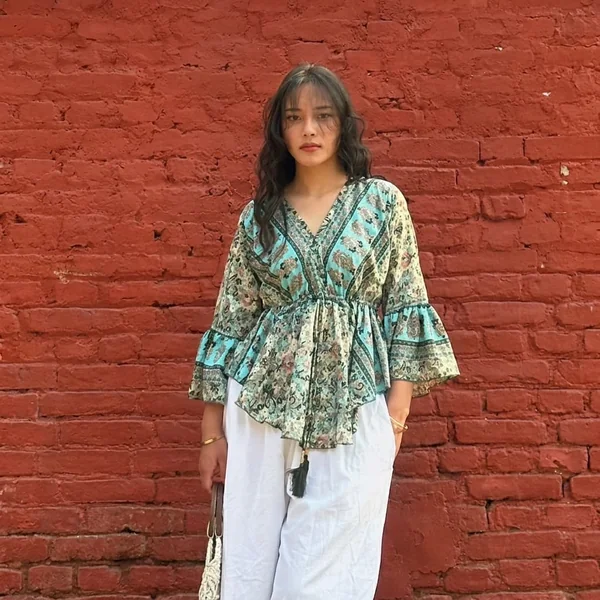 Boho Printed Peplum with White Wide-Leg Trousers