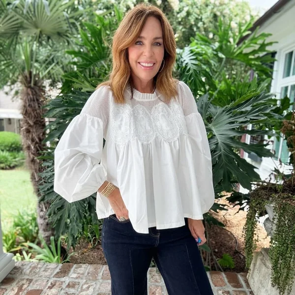 White Embroidered Babydoll Blouse and Dark Wash Jeans