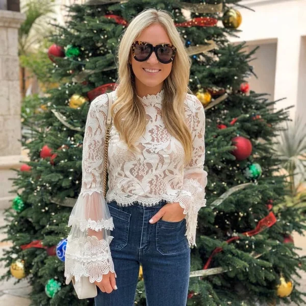 White Lace Blouse with High-Waist Jeans