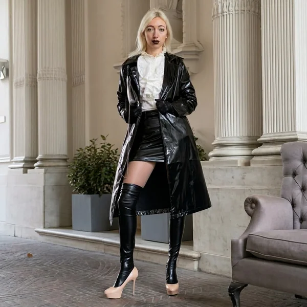 Vinyl Trench Coat and Patent Mini Skirt