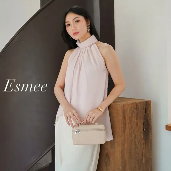 High-Neck Pleated Halter with Cream Trousers