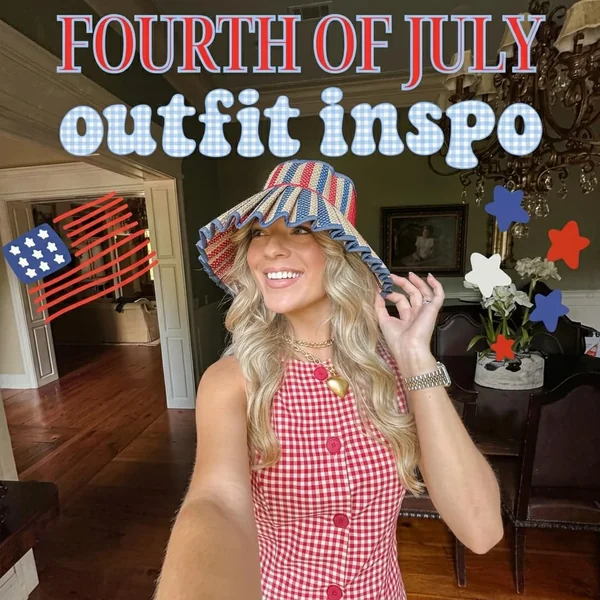 Red Gingham Button-Front Dress with Ruffled Straw Hat