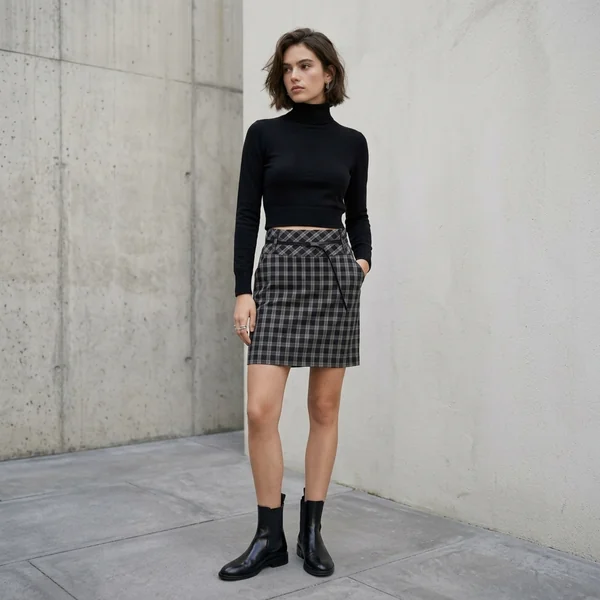 Charcoal Plaid Tailored Mini Skirt