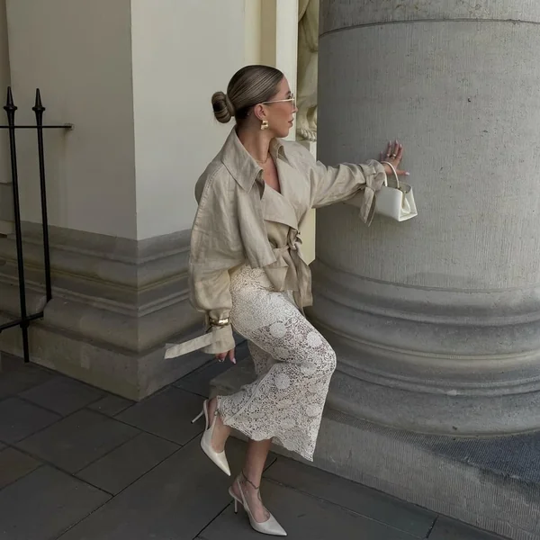 Medallion Lace Maxi Skirt with Cropped Linen Trench