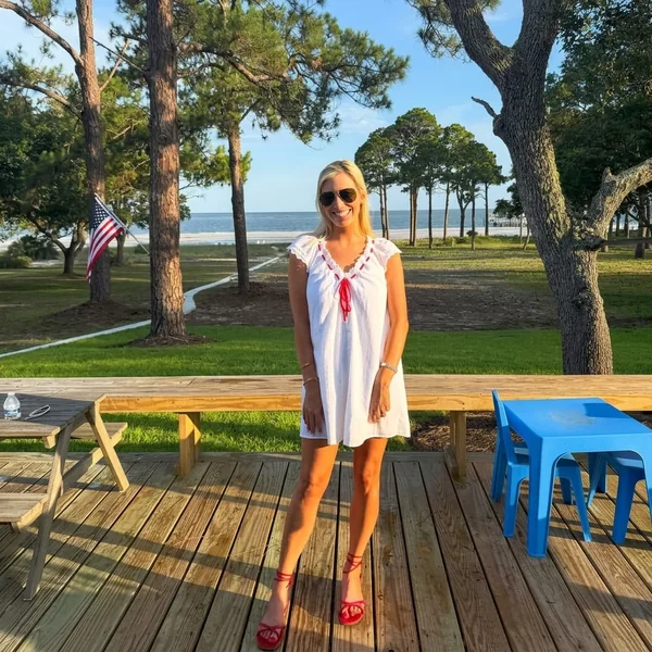 White Eyelet Babydoll Dress and Red Strappy Sandals