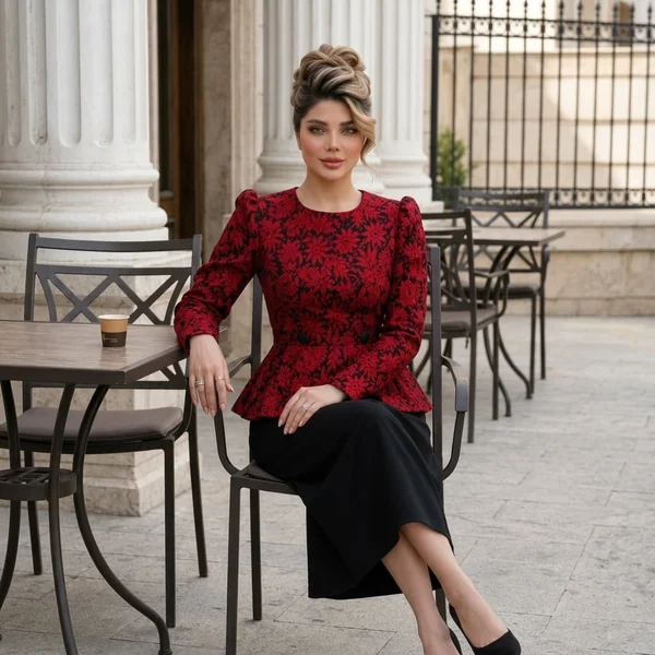 Jacquard Peplum Jacket and Long Black Pencil Skirt