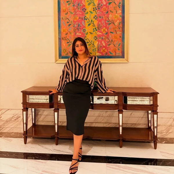 Striped Oversized Blouse and Midi Black Pencil Skirt