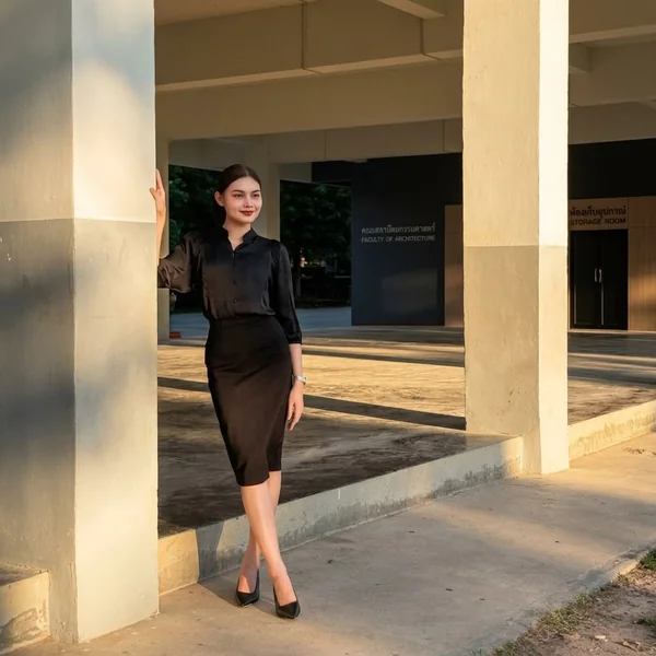 Satin Mandarin-Collar Blouse and Tailored Black Pencil Skirt